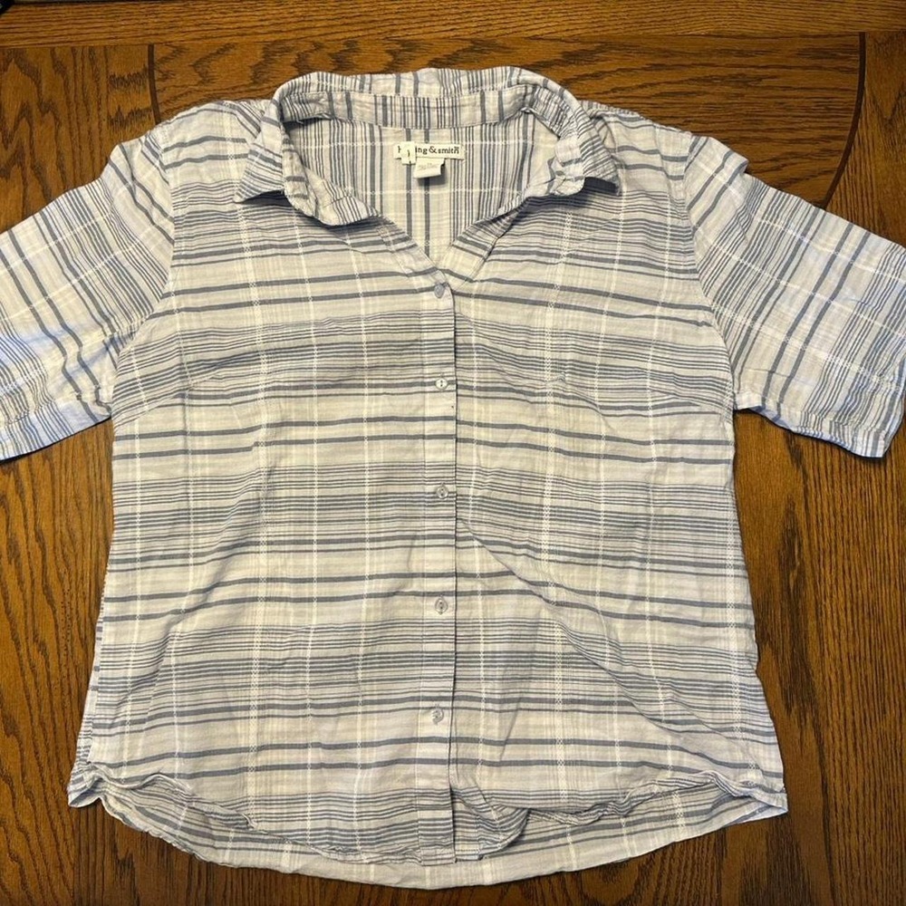 Blue and white striped button-up shirt